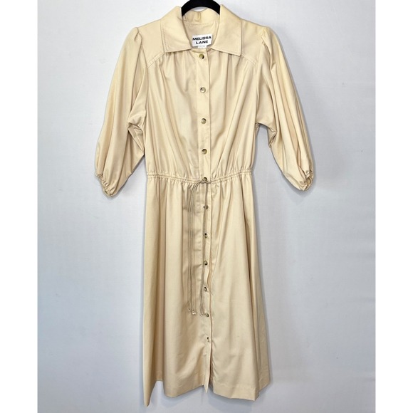 60s Melissa Lane Vintage Shirt Dress Size L‎ Beige Drawstring Waist Puff Sleeve - Picture 12 of 12